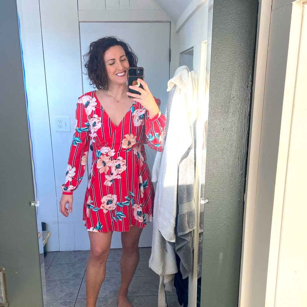 Express Red Floral Dress V-Neck